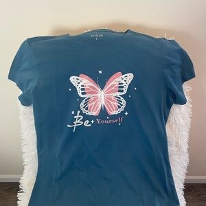 SHEIN Teal Tee with Pink Butterfly and 'Be Yourself' Design